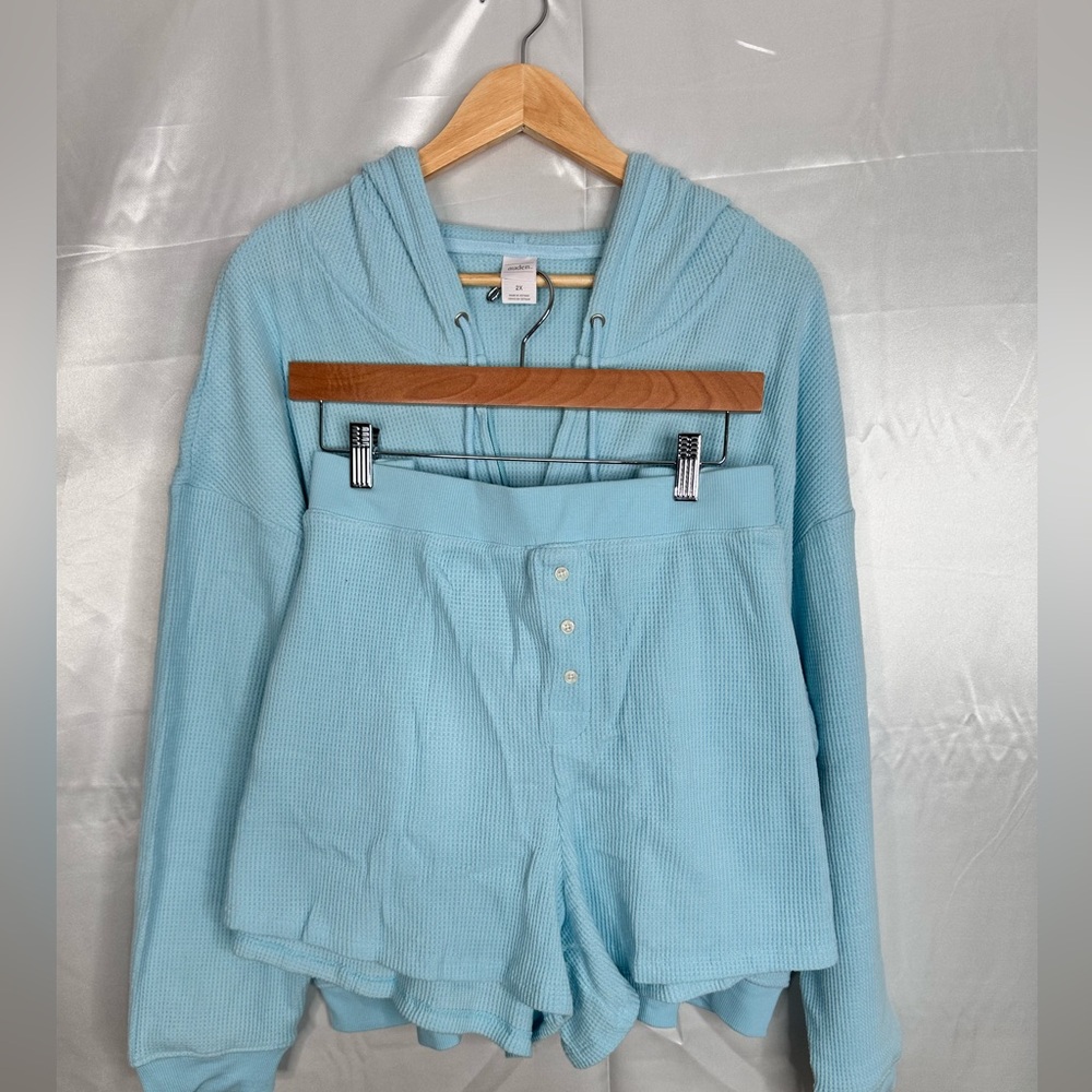 Auden Light Blue Waffle Knit Hoodie & Shorts Set Plus 4X NWT - Picture 3 of 11